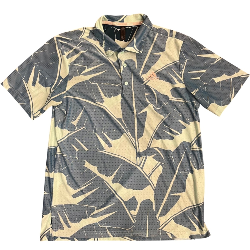Adidas Golf Polo Shirt Mens Medium Blue Tropical Banana Leaf Mesh Performance